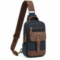 Umh?ngetasche 18 x 8 x 32 cm aus Textil und Kunstleder Blau Braun mit mehreren F?chern