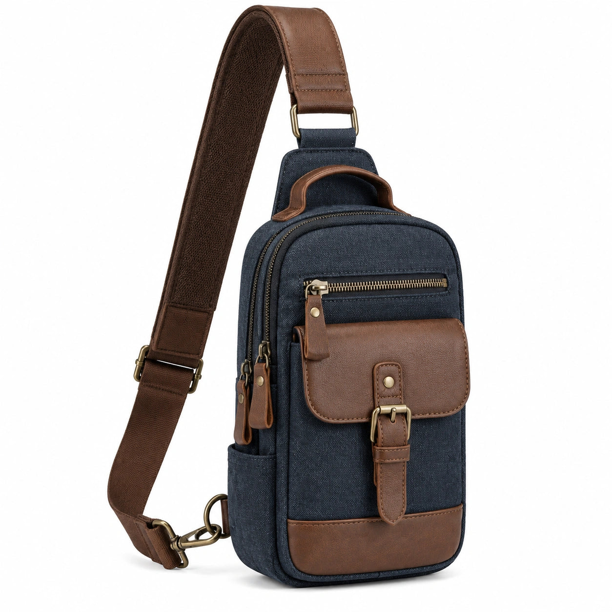 Umh?ngetasche 18 x 8 x 32 cm aus Textil und Kunstleder Blau Braun mit mehreren F?chern
