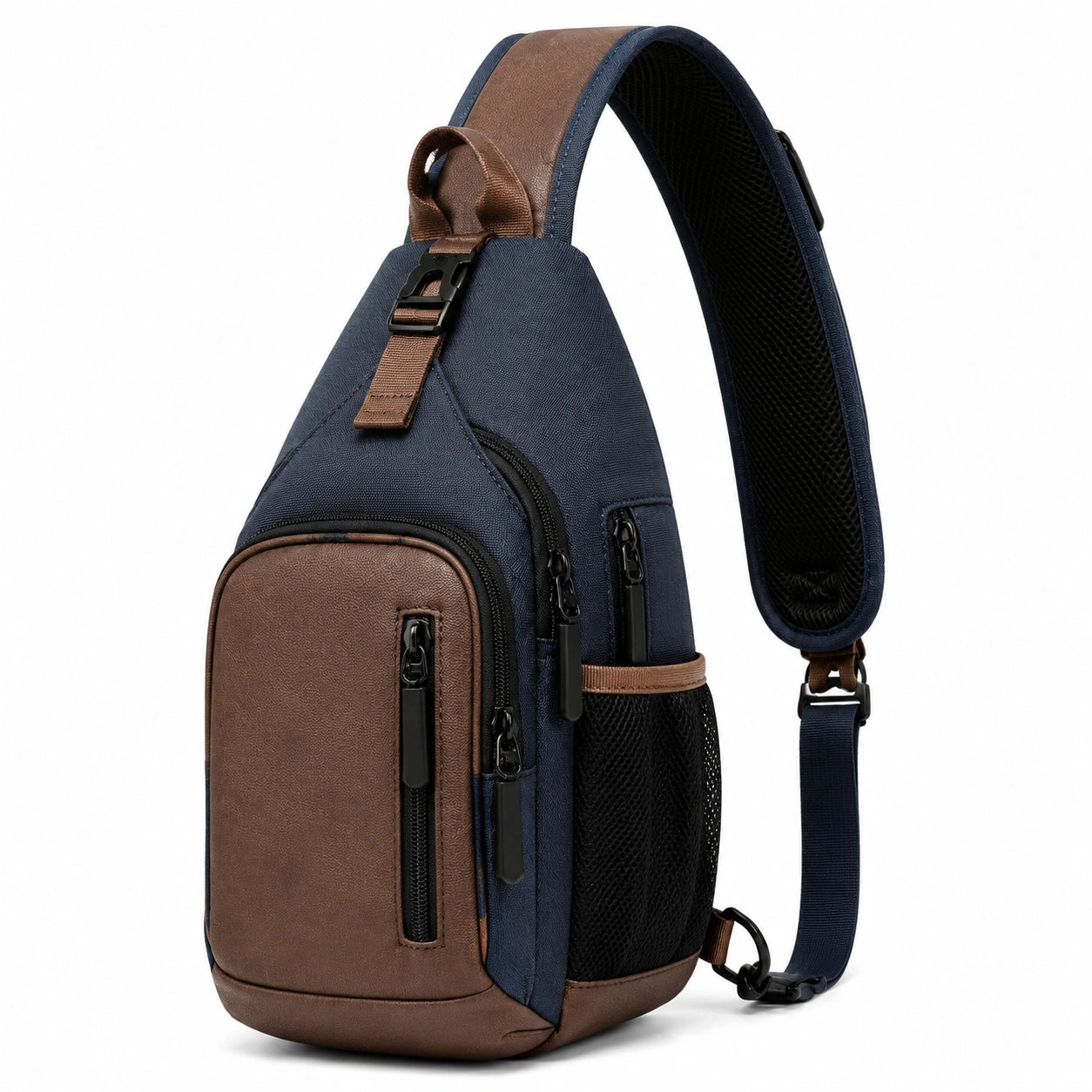 Umh?ngetasche 18 x 8 x 32 cm aus Textil und Kunstleder Blau Braun mit Mehrfachf?chern