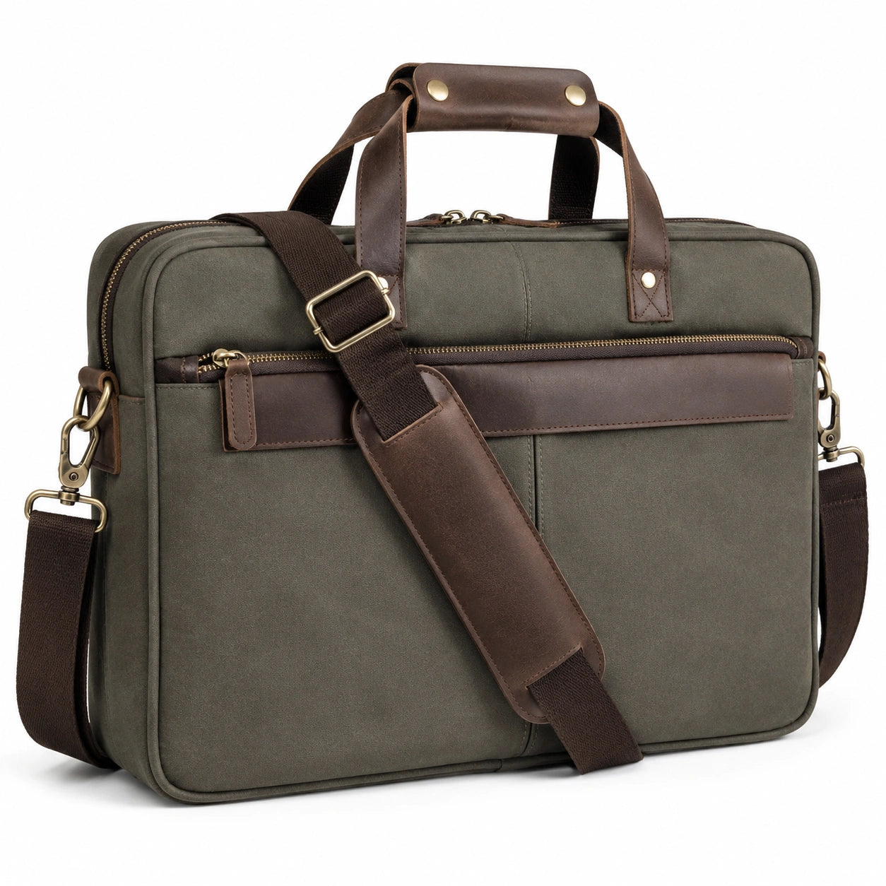 Laptoptasche 42 cm aus Textil in Olivgr¨¹n mit braunen Bes?tzen - Schultertasche f¨¹r Arbeit