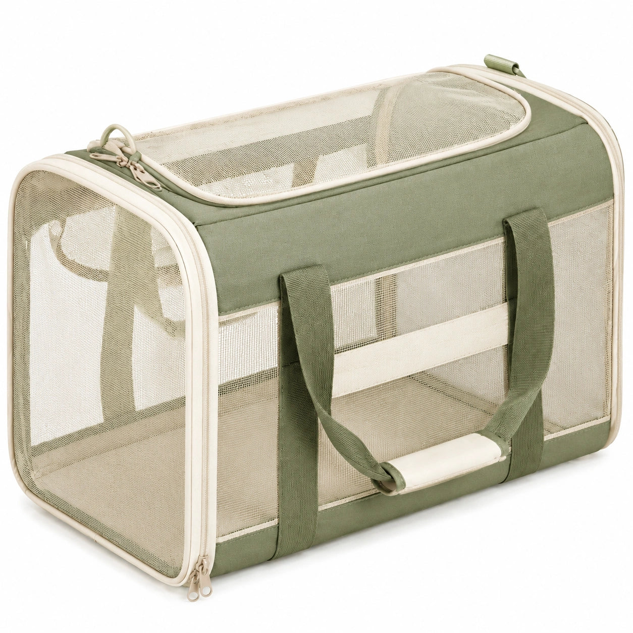 Haustier-Transporttasche 50 x 30 x 30 cm aus Textilgewebe Gr¨¹n Beige mit Netzfenstern
