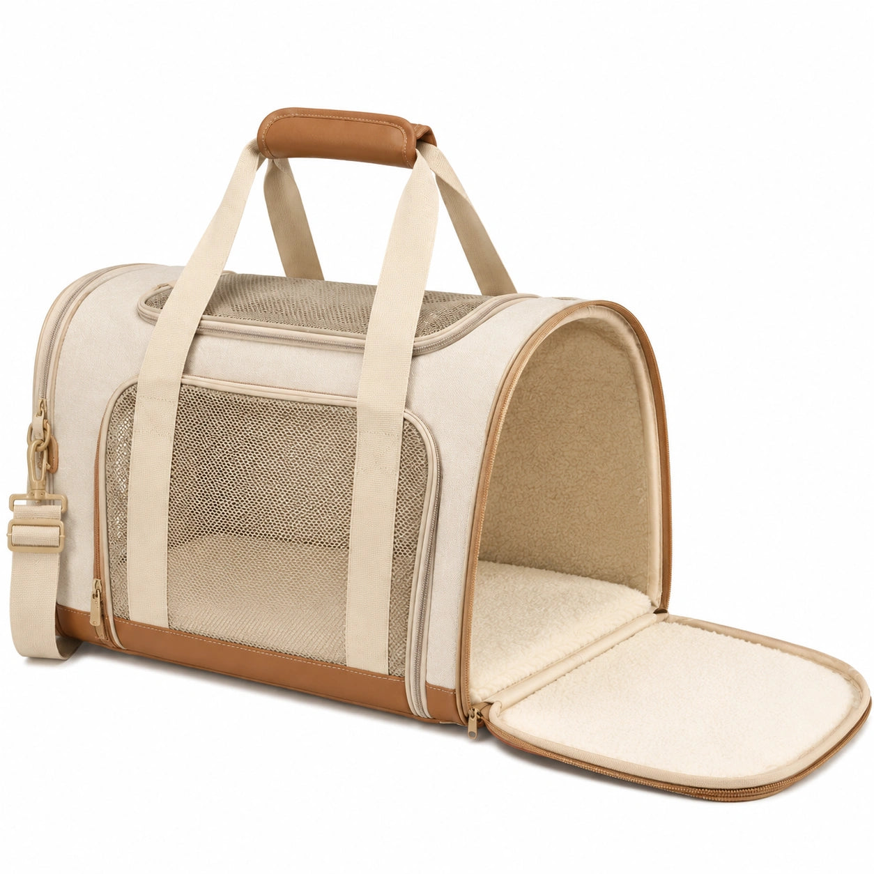 Haustiertransporttasche 45 x 28 x 28 cm Textil Beige Braun faltbar mit Netzfenstern