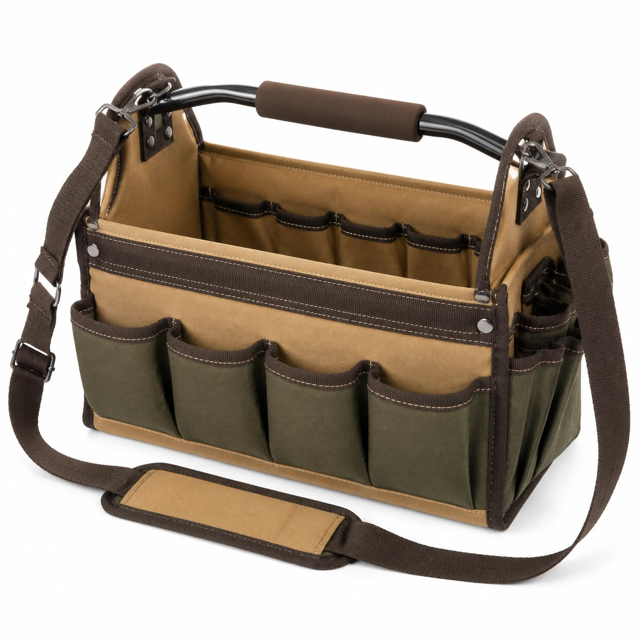 Werkzeugtasche 40 x 20 x 30 cm aus Textilgewebe in Braun Gr¨¹n mit offenen F?chern und Schultergurt