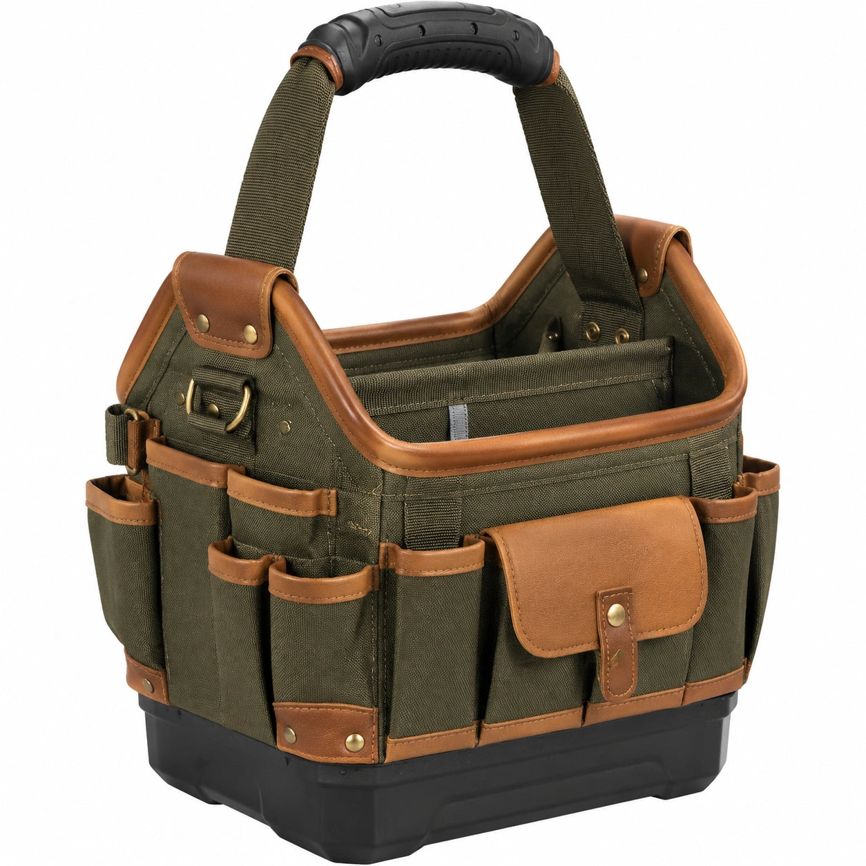 Werkzeugtasche 40 x 24 x 35 cm aus Textilgewebe olivbraun mit Kunststoffboden und Au?entaschen