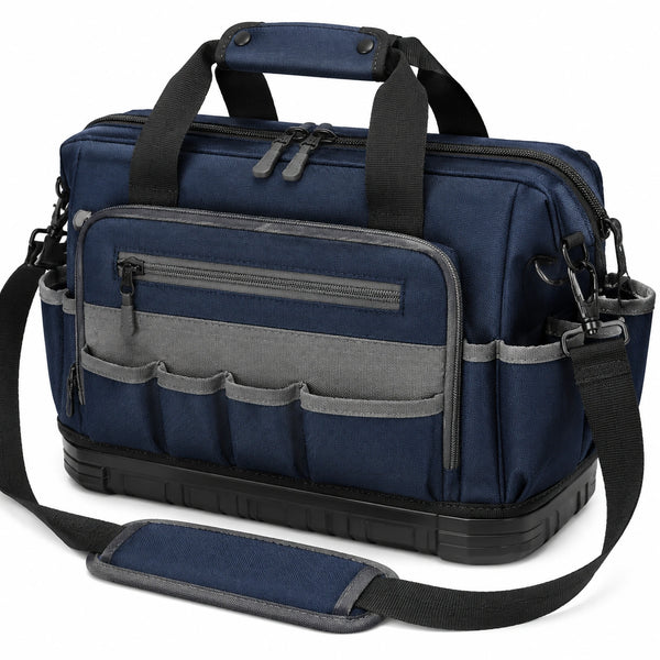 Werkzeugtasche 42 x 20 x 30 cm aus Textilgewebe in Dunkelblau mit Schultergurt und Hartboden